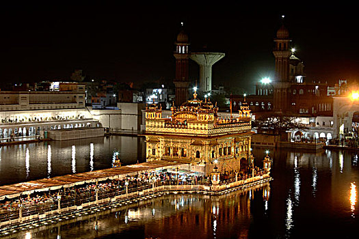 金色,庙宇,夜晚,阿姆利则,旁遮普,印度,南亚