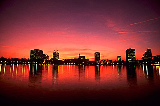 日落,天际线,湖,奥兰多,佛罗里达