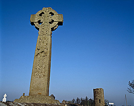 凯尔特十字架,墓地,圆塔,背景,爱尔兰