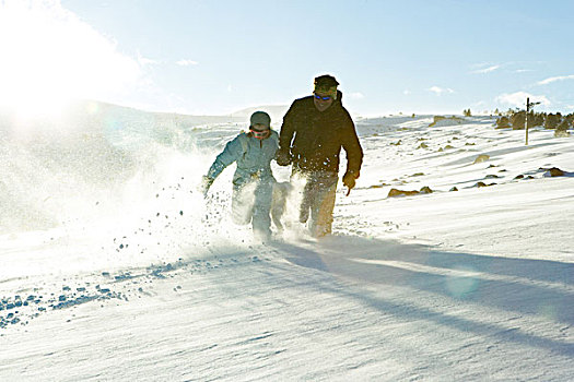 父亲,女儿,跑,雪中,一起,全身