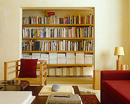 书架,墙壁,后面,扶手椅,红色,垫子,沙发