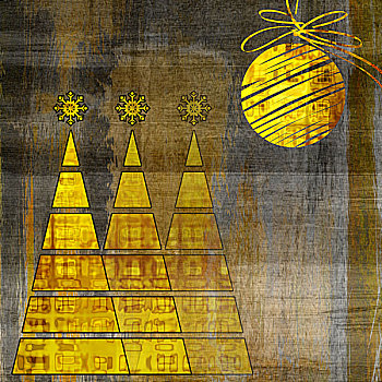 艺术,三个,圣诞树,球,金色,抽象,花,几何图形,旧式,黄金,褐色,灰色背景