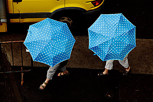 两个女人,伞,穿过,街道
