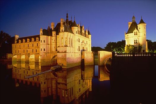 法国,中心,卢瓦尔河,舍农索城堡,黄昏