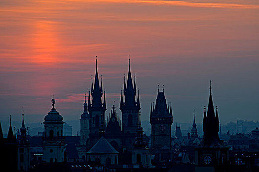 教堂,短,日出,老城广场,老城,布拉格,波希米亚,捷克共和国,欧洲