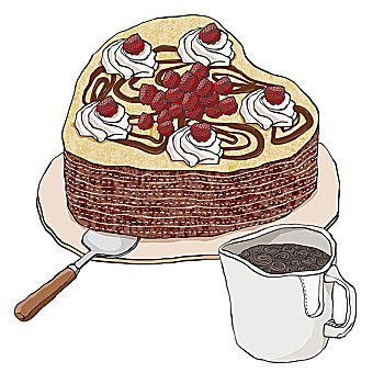 心形,草莓蛋糕,咖啡