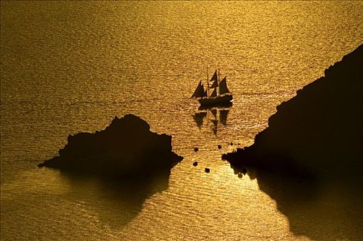 帆船,日落,锡拉岛,基克拉迪群岛,爱琴海,希腊