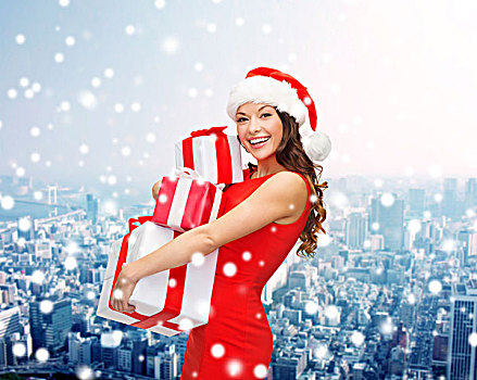 圣诞节,冬天,高兴,休假,人,微笑,女人,圣诞老人,帽子,礼盒,上方,雪,夜晚,城市,背景