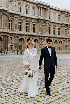 新娘新郎,鹅卵石,街道,巴黎,法国
