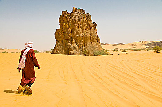 阿尔及利亚,撒哈拉沙漠,男人,走,石头,沙漠