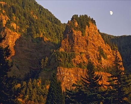 月出,上方,峡谷,哥伦比亚河峡谷国家风景区,胡德山国家森林,俄勒冈