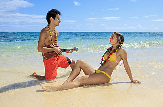 夏威夷,瓦胡岛,夏威夷四弦琴,女孩,海滩