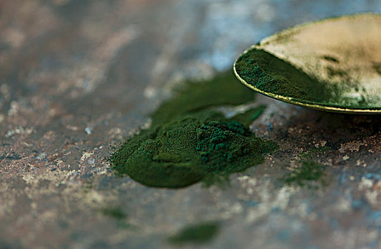 螺旋藻,藻类,粉末,金属表面,勺子