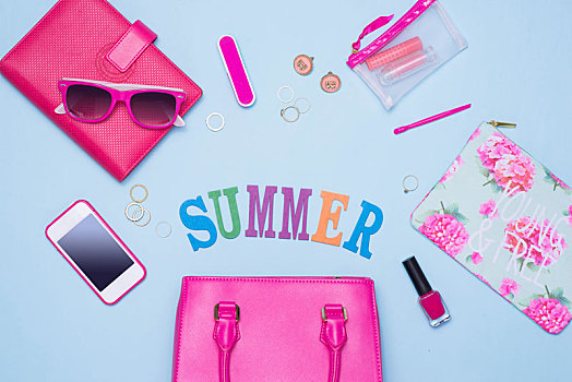 夏天,概念,粉色,手包,配饰,淡蓝色,背景
