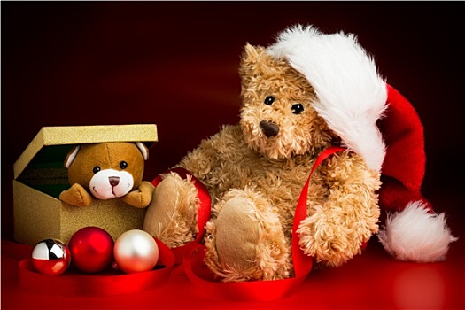 泰迪熊,戴着,圣诞节,帽子,玩具,熊,偷窥,室外,盒子