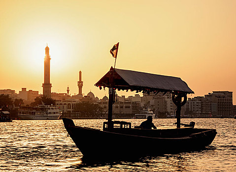 剪影,船,迪拜河,日落,迪拜,阿联酋,亚洲