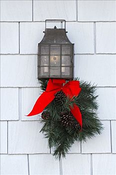 灯笼,装饰,松果,花环,红色,蝴蝶结,圣诞节,奥克维尔,安大略省,加拿大