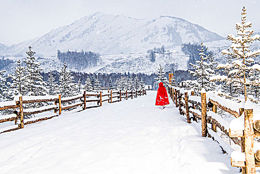 冬天,雪地,栅栏,红衣,女子