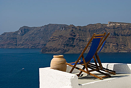 折叠躺椅,双耳器皿,圣托里尼岛,希腊,欧洲