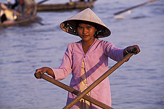 亚洲,越南,芹苴,女孩,划船,湄公河