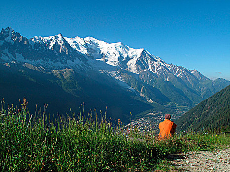 上萨瓦省,旅游,勃朗峰,一个,男人,享受,风景,高处,夏蒙尼,布朗克山