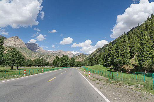 中国新疆夏季蓝天白云下高山森林g217独库公路直行道正面