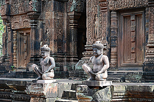 石头,监护,雕塑,庙宇,女王宫,吴哥,收获,柬埔寨,东南亚