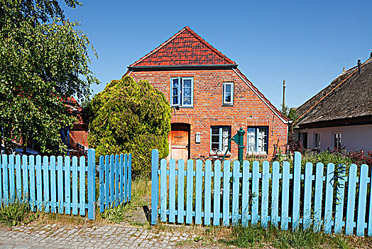 老,砖制建筑,蓝色,木质,花园栅栏