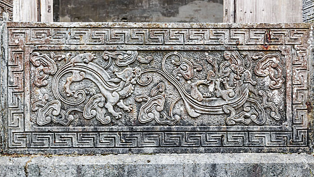 古建筑石栏上的龙纹石雕,安徽省徽州区呈坎古村罗东舒祠