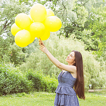 高兴,美女,黄色,气球