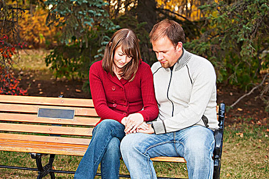 年轻,夫妇,祈祷,一起,公园长椅,艾伯塔省,加拿大