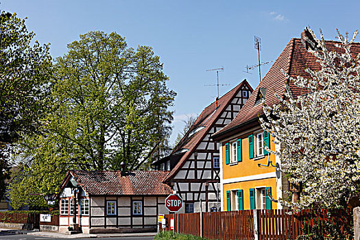 半木结构房屋,商标,弗兰哥尼阶,瑞士,上弗兰科尼亚,弗兰克尼亚,巴伐利亚,德国,欧洲