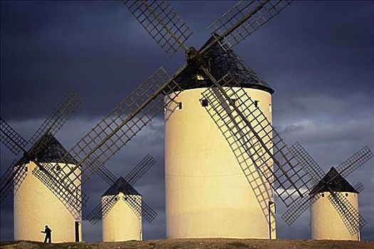 风车,日落,拉曼查,西班牙