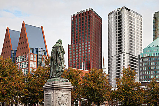 广场,雕塑,橙色,摩天大楼,背影,海牙,荷兰,欧洲