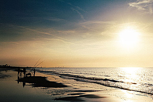 落日,海滩,荷兰