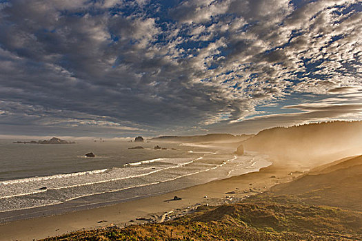 日出,雾,海洋,堆积,海滩,岬角,州立公园,俄勒冈,美国