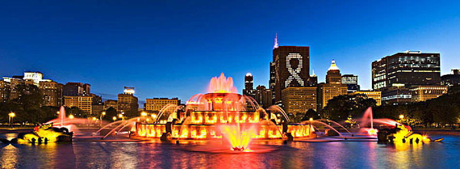 美国,伊利诺斯,芝加哥,白金汉,纪念,喷泉,格兰特公园,照亮,黎明