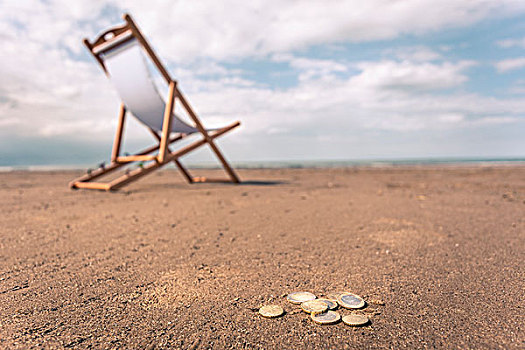 折叠躺椅,海滩,硬币,沙滩,前景