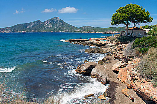 岩石,海岸,靠近,岛屿,远景,马略卡岛,巴利阿里群岛,西班牙,地中海,欧洲