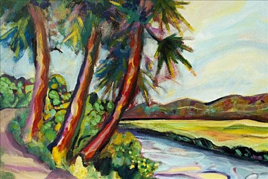 彩色,棕榈树,水,湿地,2001年,风信子,美国黑人,丙烯酸树脂,帆布