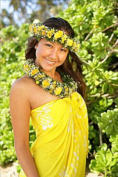 夏威夷,女孩,穿,亮黄色,沙滩裙,花,花环