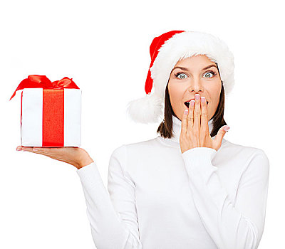 圣诞节,圣诞,冬天,高兴,概念,吃惊,女人,圣诞老人,帽子,礼盒