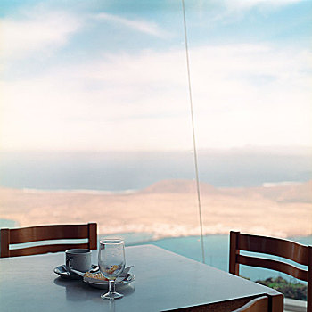 桌子,位于,餐馆,后面,玻璃,窗户,风景,上方,优雅,岛屿,海洋,眺台,兰索罗特岛,2007年