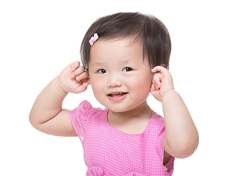 亚洲人,女婴,两只,手,接触,耳