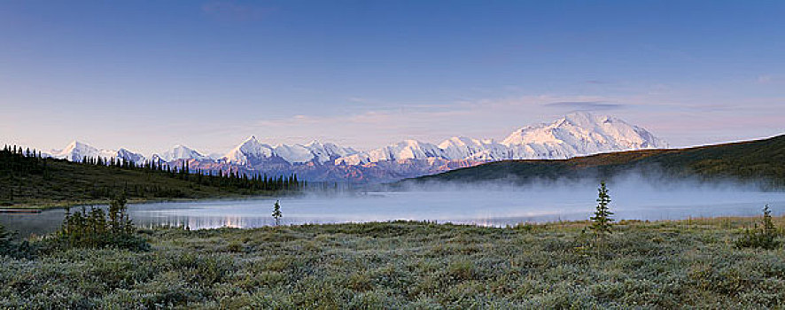 全景,薄雾,上升,旺湖,高山辉,山,麦金利山,日出,德纳里峰国家公园,室内,阿拉斯加