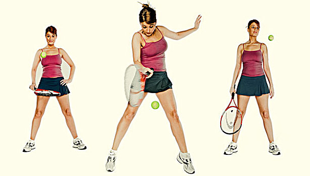 女青年,玩,网球,击打,球