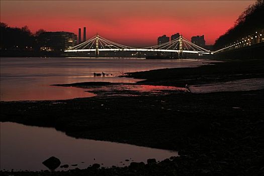 桥,日落,天空,风景,银行,泰晤士河,切尔西,堤,伦敦,英格兰,英国
