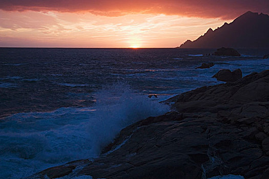 日落,岩石海岸,波尔图,科西嘉岛,法国