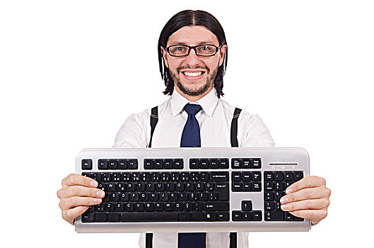 年轻,有趣,商务人士,键盘,隔绝,白色背景