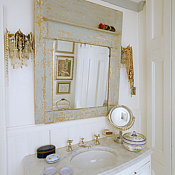 盥洗盆,旧式,镜子,灰色,角,浴室